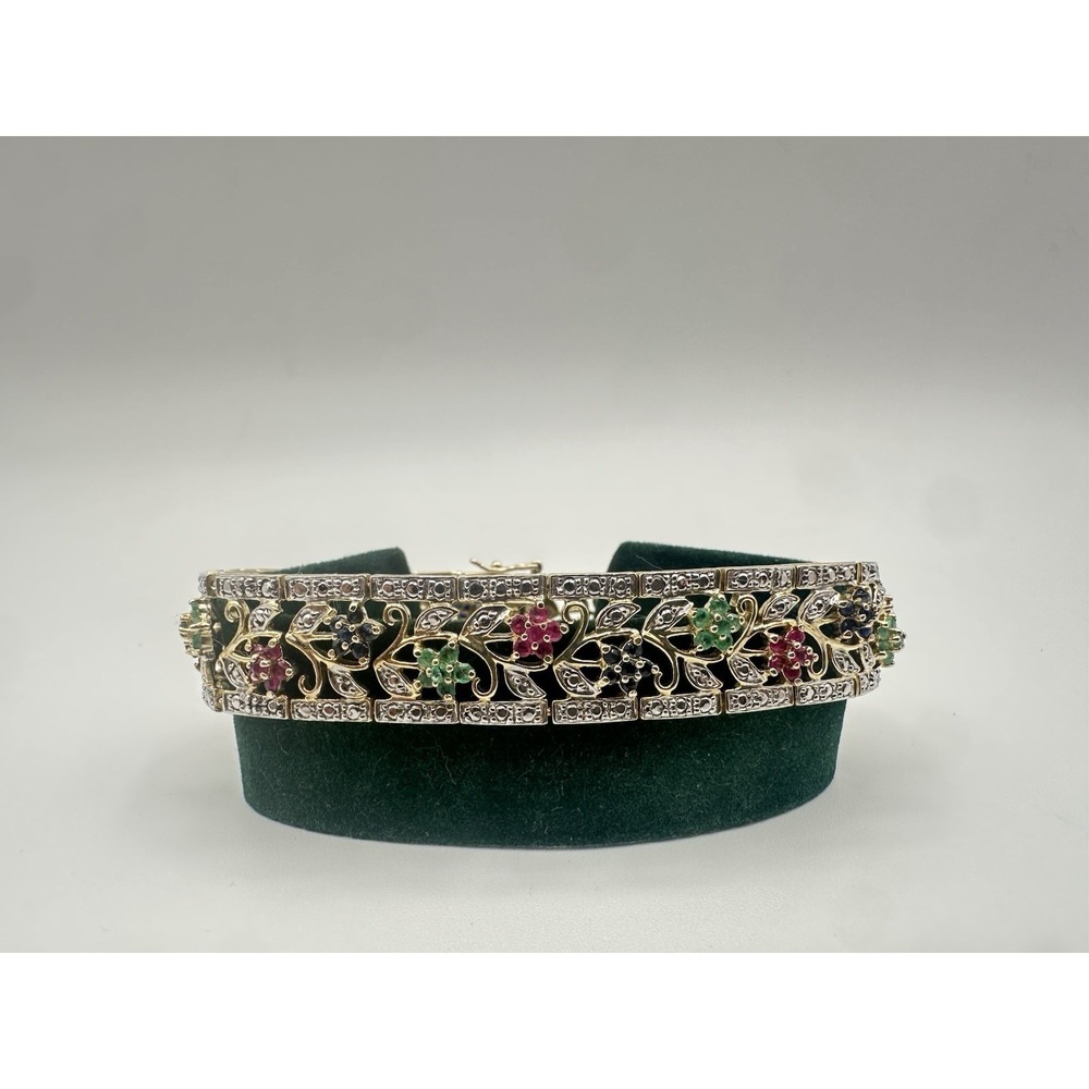 Sterling Silver Multi Gemstone Floral Link Bracelet Vintage Art Deco Style 925
